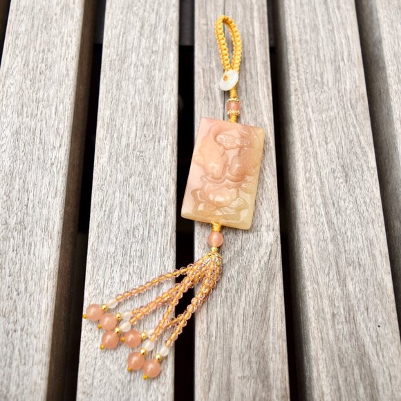 Orange Lotus Fish Tassel Ornament - Chinese Jade Bag Charm - Picture 1 of 3